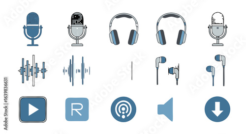 Collection of professional audio recording equipment microphones headphones and sound interfaces for studio use