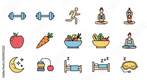 Holistic wellness and health practices including exercise nutrition meditation and sleep routines for balanced living and mental clarity