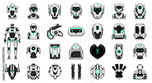 Collection of futuristic robot icons showcasing diverse robotic designs and technological advancements in humanoid and machine structures with sleek