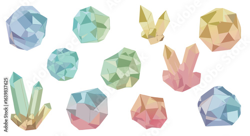 Abstract geometric low-poly shapes in pastel colors including spheres and rabbits with angular facets creating a playful and modern digital art