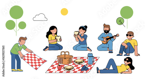family outdoor picnic with children playing and adults relaxing under sunny sky with trees and snacks in a colorful park setting