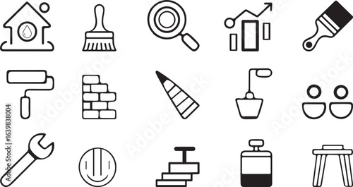 Set of Various Construction Home Improvement and Business Outline Icons in Black and White Minimalist Style Presentation Template