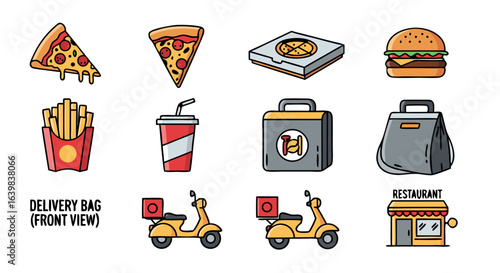 Cartoon-style collection of fast food items including pizza burger fries and delivery service icons for takeaway restaurant or food delivery service