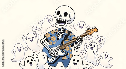 Playful skeleton guitarist in a Hawaiian shirt surrounded by smiling ghosts, a tropical Halloween rock cartoon illustration perfect for tshirts, posters, album covers, kids decor and social media
