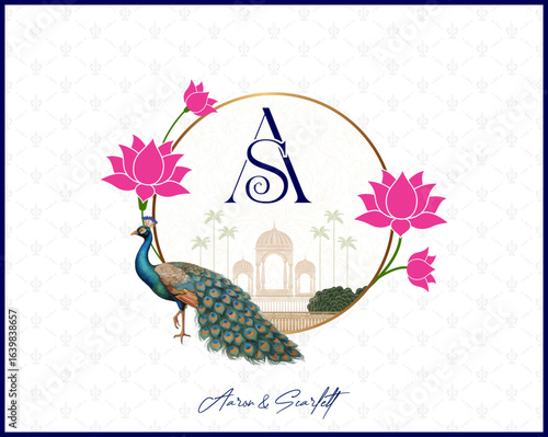 Elegant Indian wedding logo with golden circular frame, pink lotus flowers, peacock illustration, and Palace in the background, featuring stylish couple initials A and S