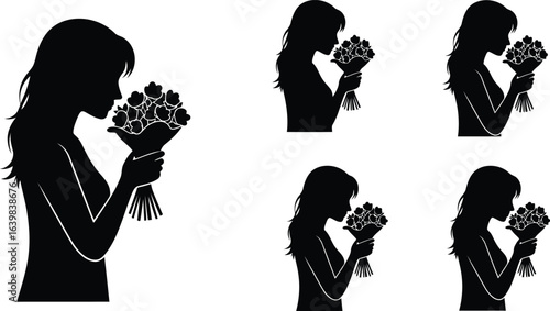 Girl Smelling Bouquet of Flowers Silhouette Icon Vector Set - Nature and Simple Pleasures