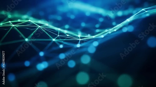 Vibrant abstract network of glowing blue and green interconnected nodes on a dark background.