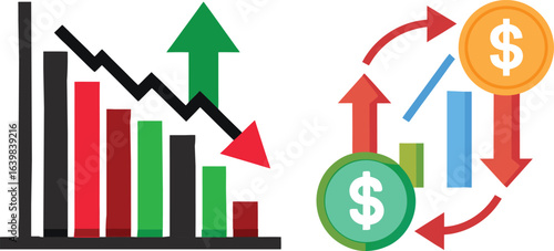 Financial Graph Chart: Dynamic business and finance-related graphics that use graph illustrations with rising and falling arrows and coins that illustrate fluctuations, volatility.