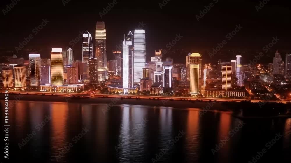 Vibrant urban skyline at night, featuring towering buildings and their dazzling reflections across the tranquil river. Vibrant urban skyline at night, featuring towering buildings and their dazzling reflections across the tranquil river.