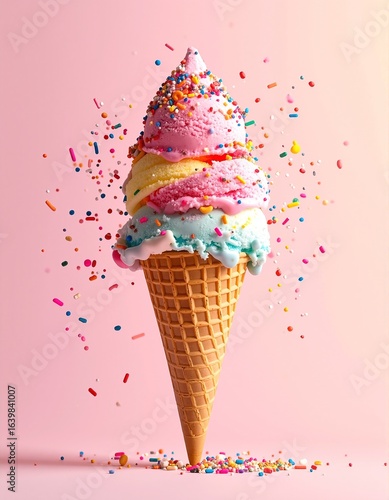 A delightful pink ice cream cone topped with colorful sprinkles and a swirl of creamy frosting, set against a bright, cheerful background.