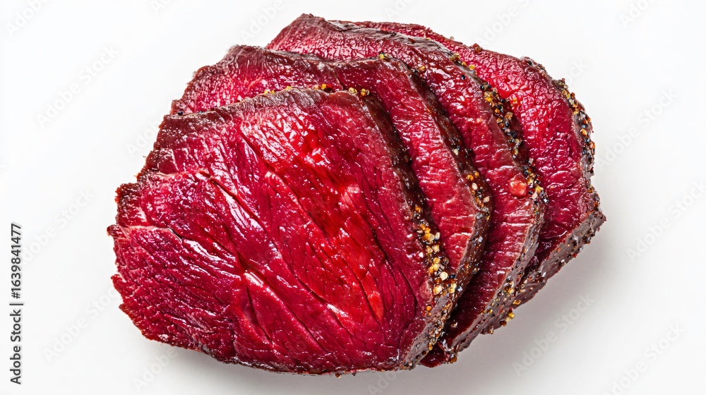 Fototapeta premium Detailed Close-Up of Succulent Red Venison Steak Slice for Culinary Professionals