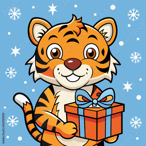 Cute cartoon tiger holding christmas gift box winter holiday art