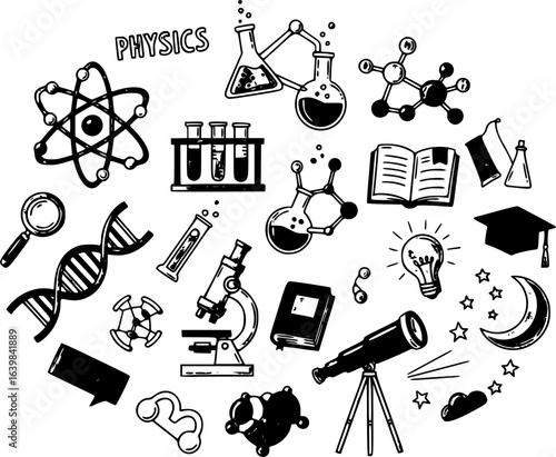 Science chemistry physics biology and astronomy education subject doodle icon. Doodle for presentation title or school education promotion in fundamental science concept