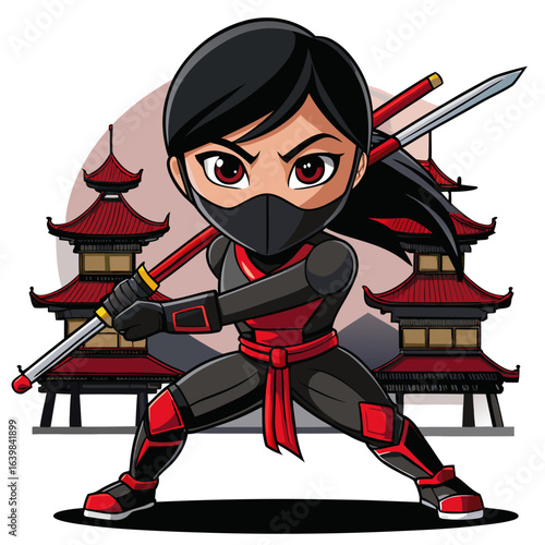 Cartoon female ninja warrior with sword and japanese pagoda art