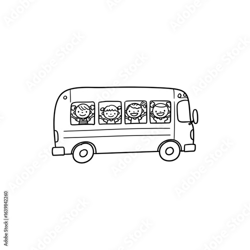 School Bus with Children Waving from Windows on Sunny Day