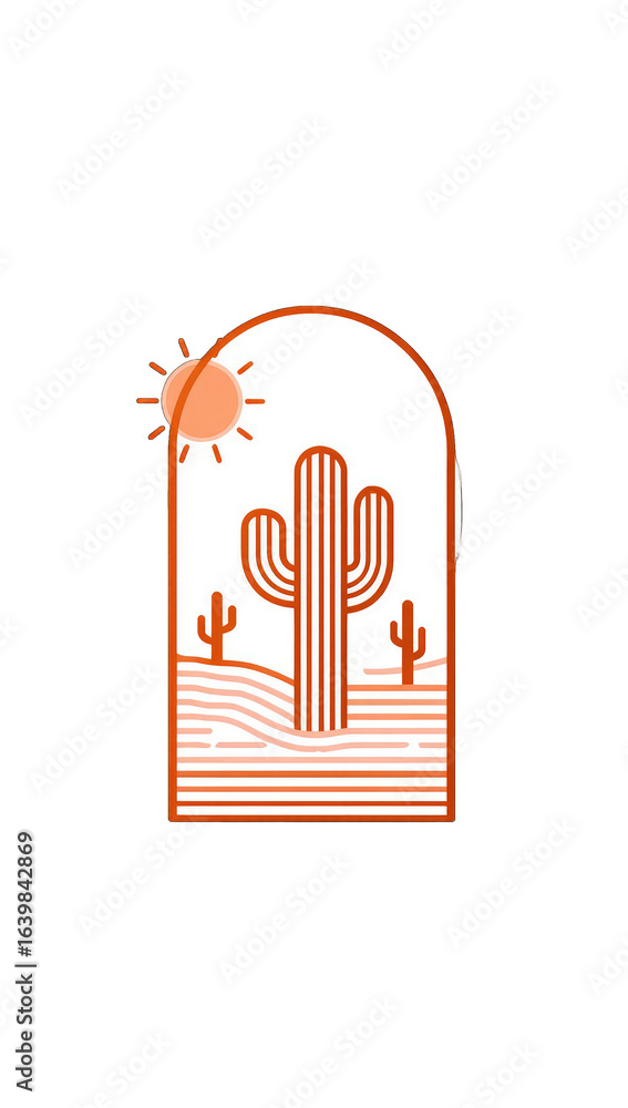 Obraz premium Desert landscape graphic with stylized sun and cacti. Arch-shaped frame