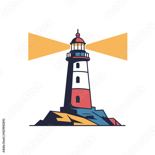 Stylized lighthouse with beams of light on rocky outcrop beacon navigation