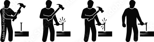 Man Hammering Nail into Wood Silhouette Icon Vector Set - Construction and DIY Work
