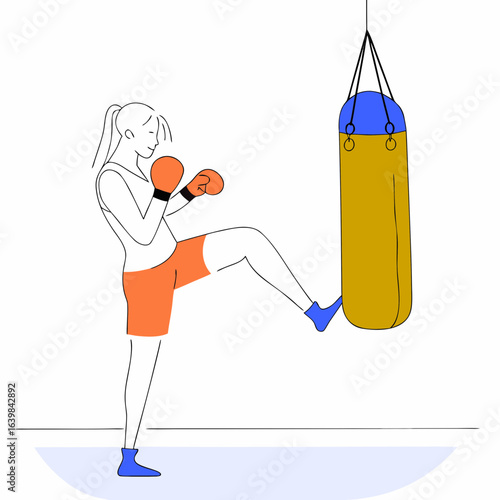 Woman training kickboxing with punching bag fitness and workout sport