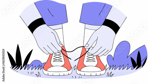 Tying shoelaces footwear fashion sneakers shoes laces hands ground view