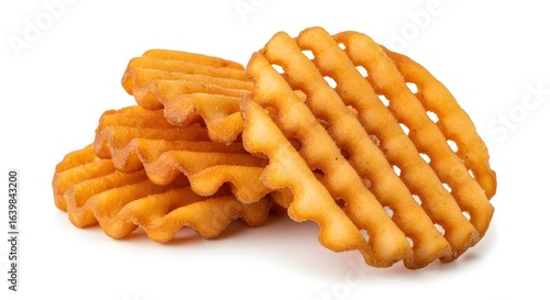 Crispy waffle fries stacked isolated on white background