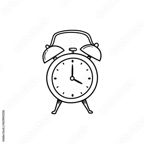 Black and white vintage alarm clock line art icon, hand drawn sketch of classic twin bell clock showing around 4 o’clock, minimalist doodle illustration with outline details, time reminder concept