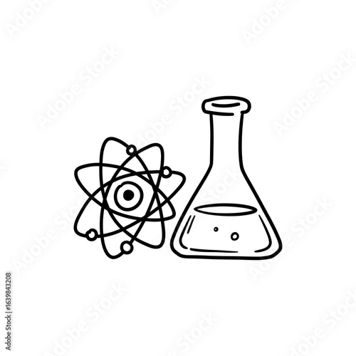 Black and white science line art icon with atom model and Erlenmeyer flask, hand drawn laboratory chemistry physics symbols, minimalist STEM illustration with electrons orbits and flask liquid bubbles