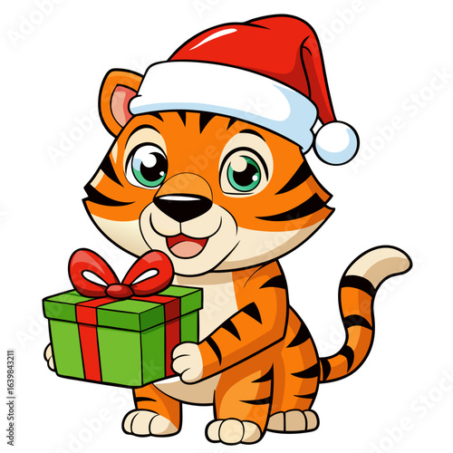 Cute cartoon tiger with christmas santa hat holding a gift box art