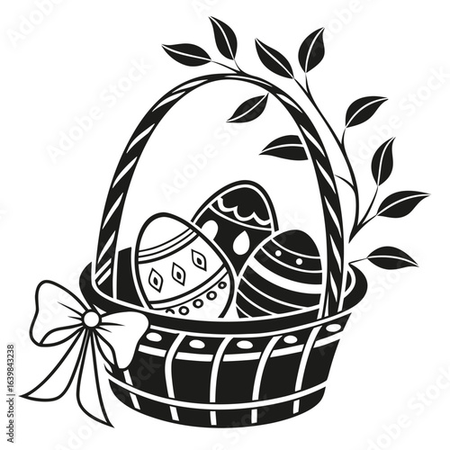Decorated easter eggs in a basket with a bow and leaves