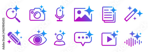 AI generate icon set ai. AI assistant tool icons and app buttons, sparkle star artificial intelligence star logo