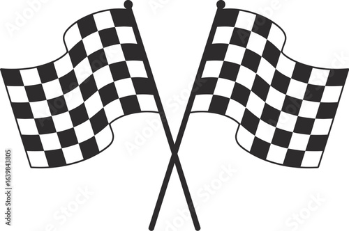 A classic black and white illustration of two crossed checkered racing flags waving, symbolizing the finish line and victory in motorsport.
