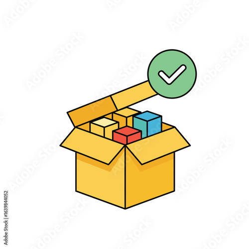 An open cardboard box with multi-colored cubes and a check mark confirming that the order has been collected