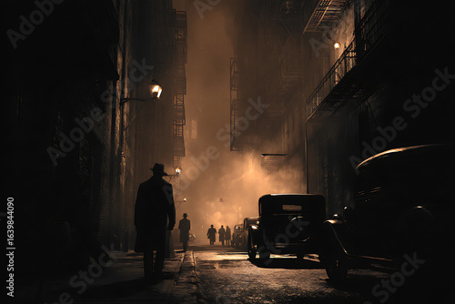 Silhouetted Men in Fedoras on a Foggy, Lamplit Cobblestone Alley with Vintage Cars