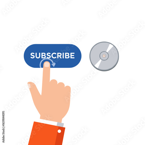 Subscribe and save icon. Hand pressing the subscribe button on the white background on the right - disk to save.