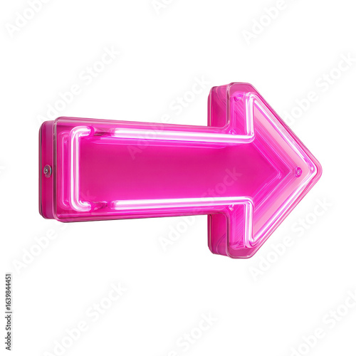 Bright pink neon arrow pointing right on a plain background illuminated to attract attention