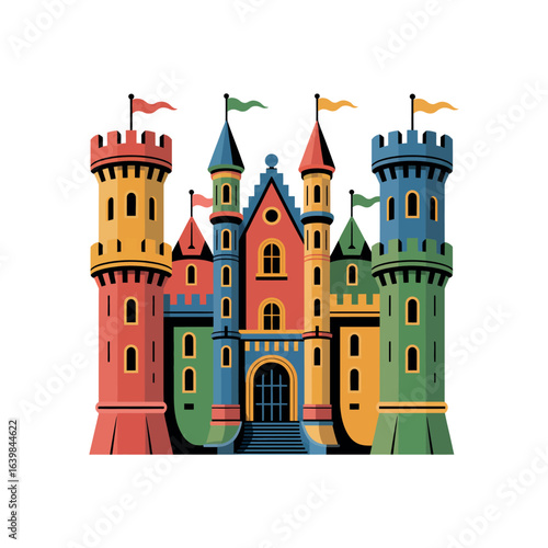 Colorful cartoon castle with multiple towers and flags fantasy fairytale