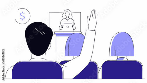 Auction bidding process illustration with hand raising and money bid