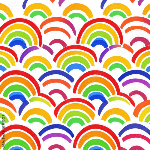 Colorful pattern of overlapping rainbows on a bright background creating a joyful and cheerful atmosphere for art and design