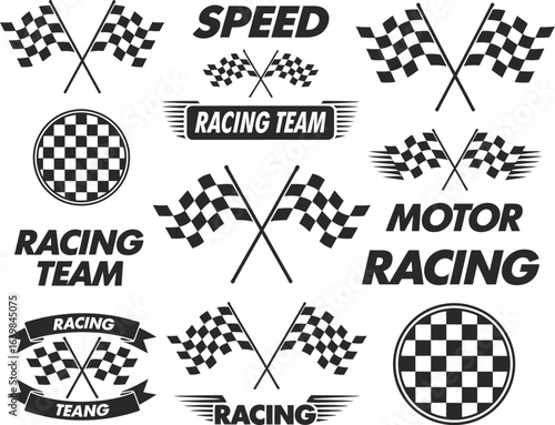 Checkered Flags and Racing Emblems: A collection of sleek and bold checkered flags and racing emblems for motorsport events and high-speed competitions, featuring vibrant imagery and sleek design