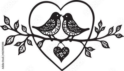 Romantic Love Birds Silhouette with Heart and Branches – Elegant Wedding Vector