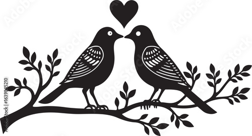 Romantic Love Birds Silhouette with Heart and Branches – Elegant Wedding Vector