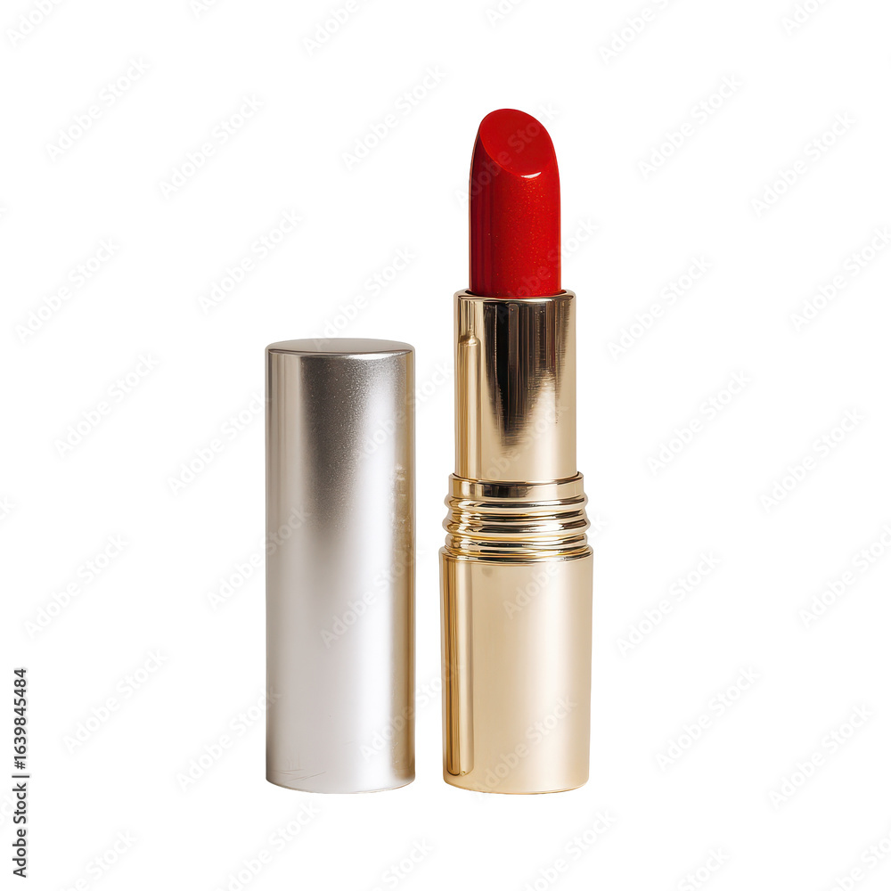 Obraz premium Bright red lipstick in a sleek silver and gold tube displayed on a clean surface