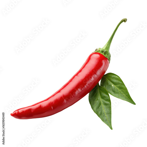Bright red chili pepper with green leaves lying isolated on a white background