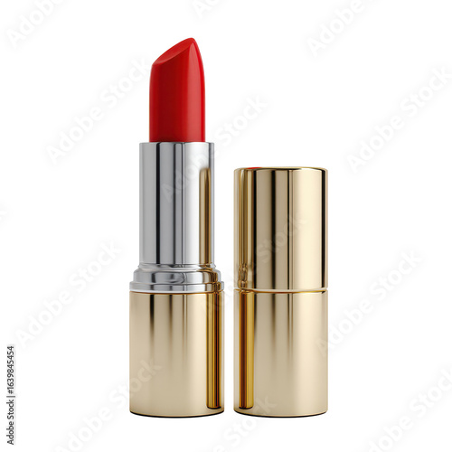 Bright red lipstick in a sleek gold tube displayed on a neutral background