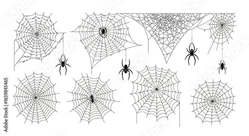 A collection of intricate black spider webs with various shapes and sizes scattered across the image accompanied by silhouetted spiders ready to catch unsuspecting prey on a bright white background pe