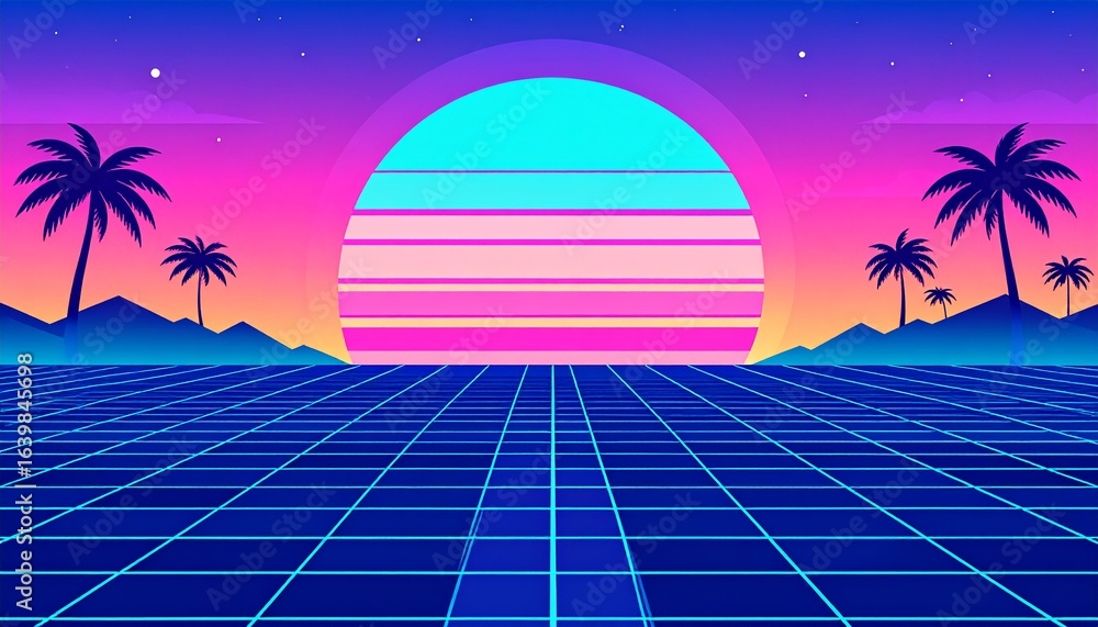 Naklejka premium Abstract vaporwave wallpaper with neon grid perspective, retro sunset gradient, and synthwave-inspired color palette. Perfect for nostalgic 80s retrofuturism designs, backgrounds, and creative digital