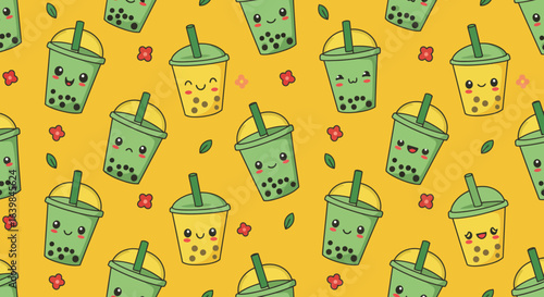 A Cheerful and Adorable Pattern Featuring Kawaii Style Bubble Tea Drinks with Various Expressive Faces and Decorative Elements Scattered Across a Bright Yellow Background Ideal for Playful Designs