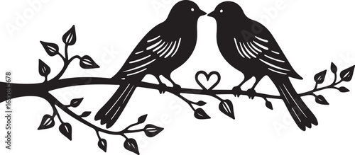 Romantic Love Birds Silhouette with Heart and Branches – Elegant Wedding Vector