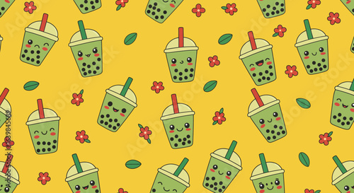Adorable Kawaii Boba Tea Drinks with Cute Smiling Faces and Tiny Red Flowers Scattered Across a Vibrant Yellow Background