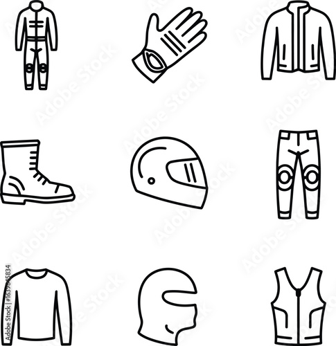 Motorcycle Gear Icons: A collection of intricately rendered, monochrome icons representing various pieces of motorcycle gear. Perfectly illustrating the essence of safety and style for every ride. 
